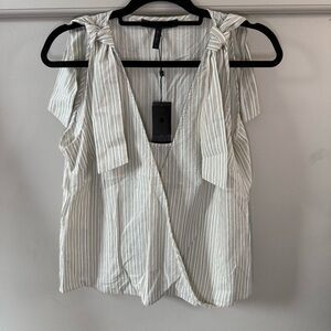 BCBG Striped Sleeveless Top Tie Shoulder V Neckline